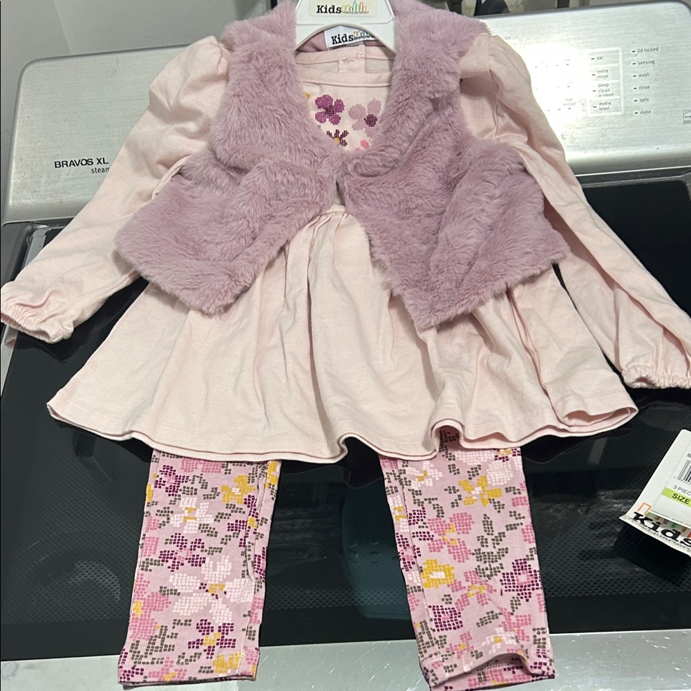 Girls 4t 3 piece matching outfit set new nwt flowers faux fur vest spring
